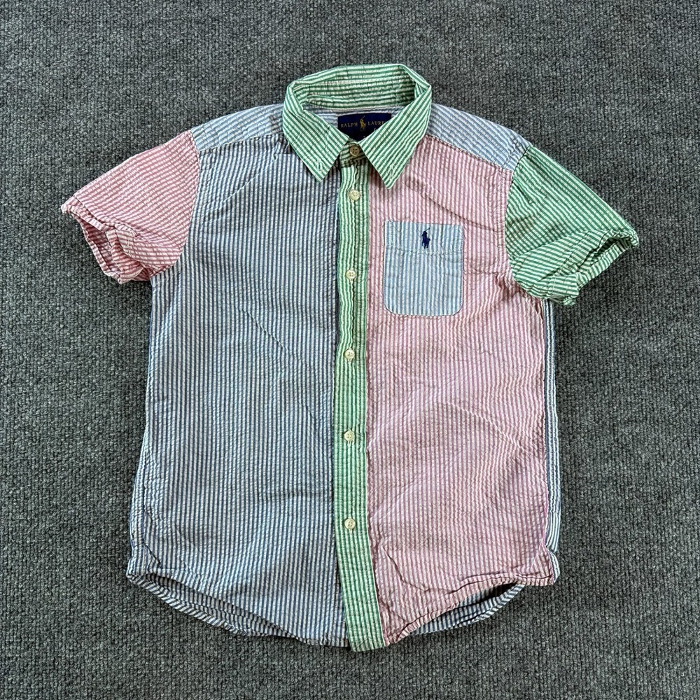 Ralph Lauren Kids Boys Multi Color Seersucker Striped Button Down Shirt Size 7